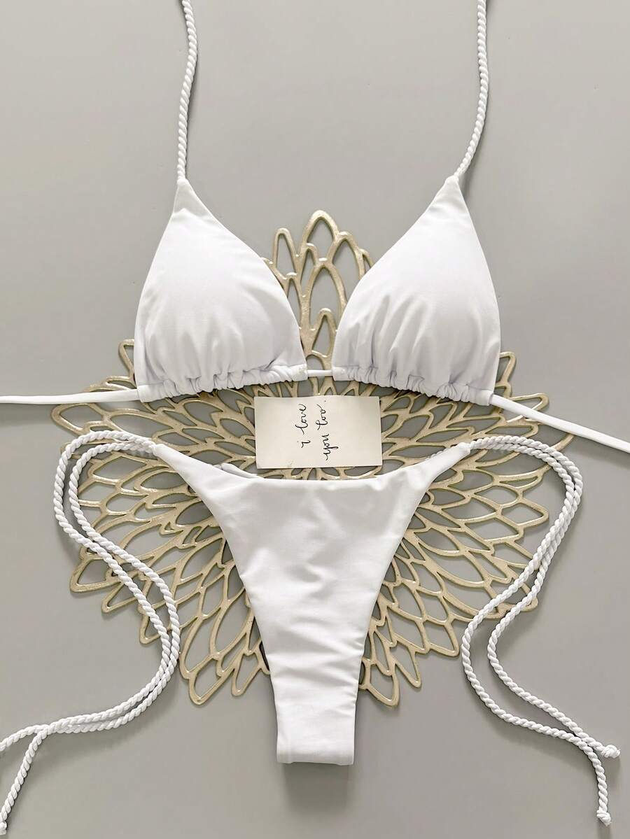 Swim Vcay 2pcs Women Apricot Bikini Swimwear Set, Handmade Rope Decor Swimwear Bikini Sets For Women Rouche Bathing Suit Bikini Alt