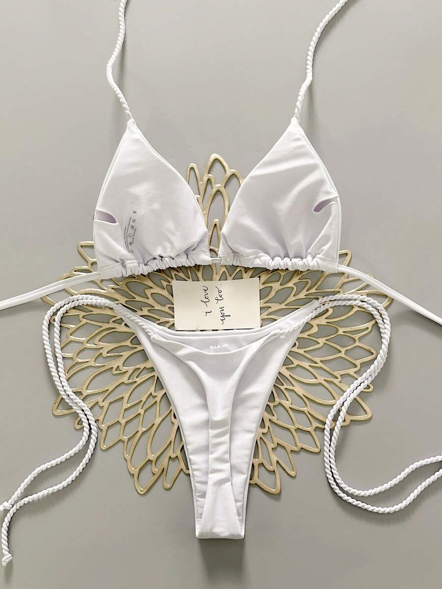 Swim Vcay 2pcs Women Apricot Bikini Swimwear Set, Handmade Rope Decor Swimwear Bikini Sets For Women Rouche Bathing Suit Bikini Alt