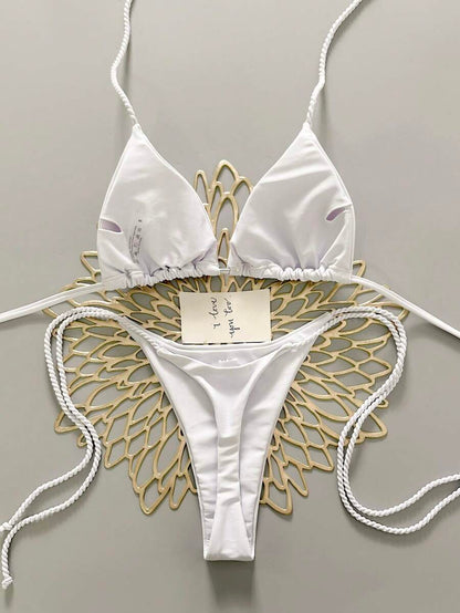 Swim Vcay 2pcs Women Apricot Bikini Swimwear Set, Handmade Rope Decor Swimwear Bikini Sets For Women Rouche Bathing Suit Bikini Alt