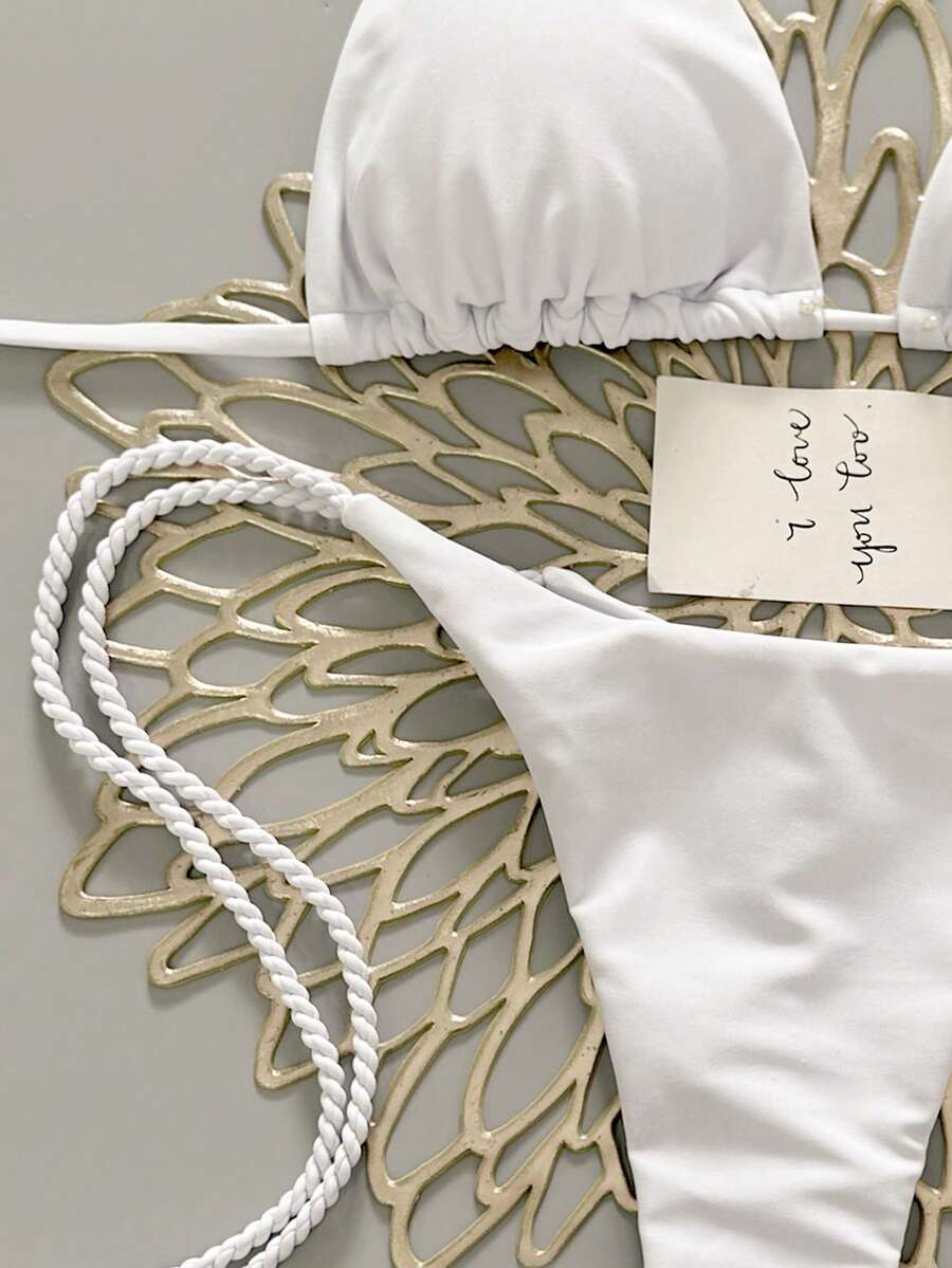Swim Vcay 2pcs Women Apricot Bikini Swimwear Set, Handmade Rope Decor Swimwear Bikini Sets For Women Rouche Bathing Suit Bikini Alt