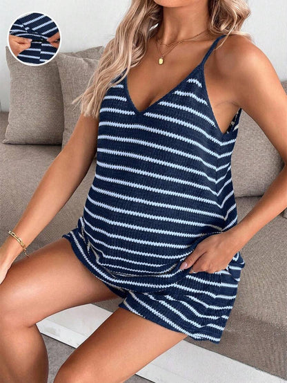 Maternity Striped V-Neck Camisole and Shorts Set Navy Blue Summer Maternity Romper Outfit for Beach and Vacation