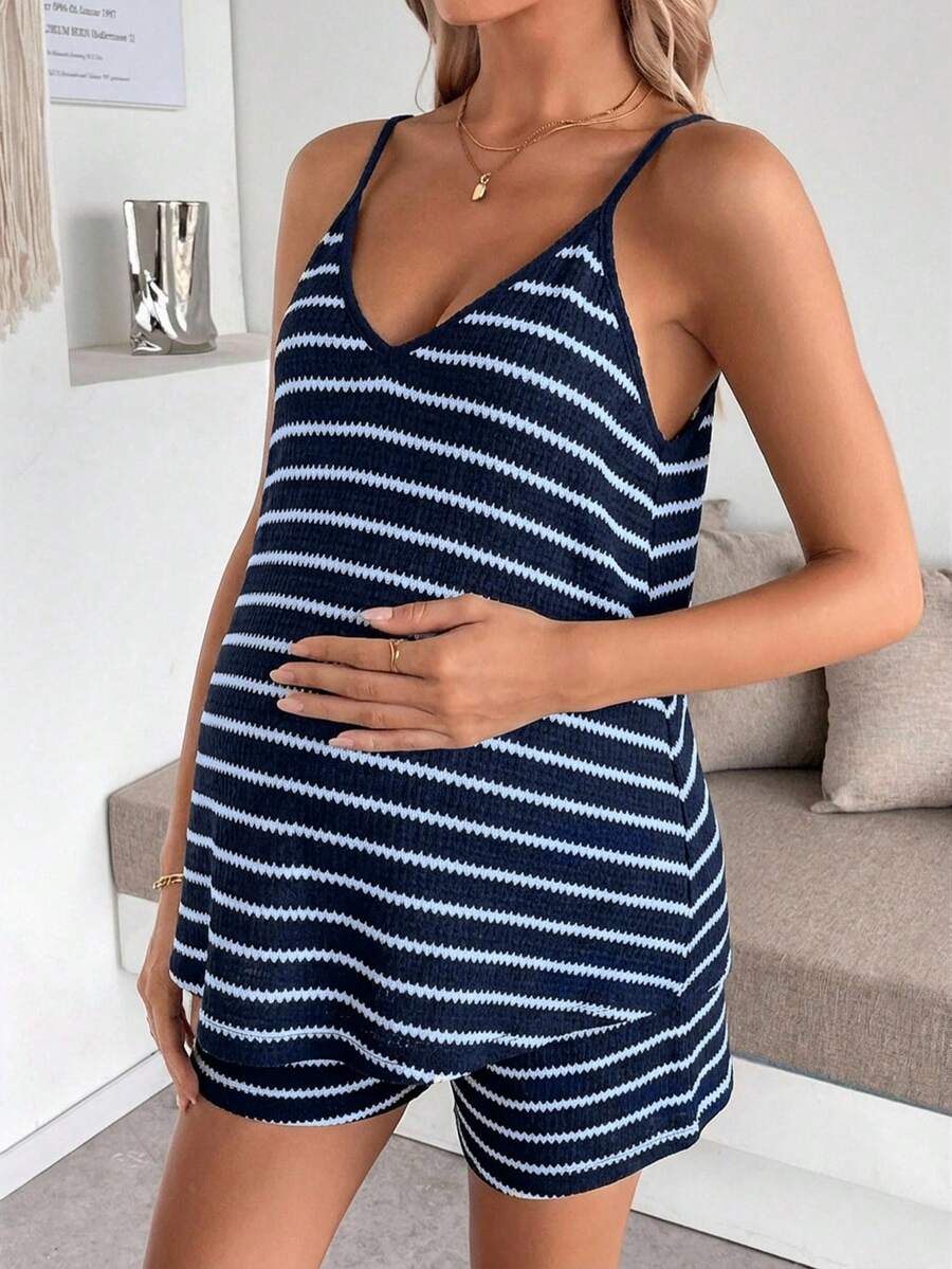 Maternity Striped V-Neck Camisole and Shorts Set Navy Blue Summer Maternity Romper Outfit for Beach and Vacation