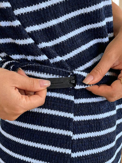 Maternity Striped V-Neck Camisole and Shorts Set Navy Blue Summer Maternity Romper Outfit for Beach and Vacation