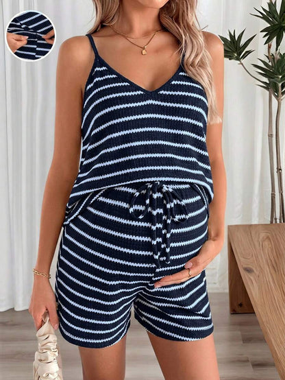 Maternity Striped V-Neck Camisole and Shorts Set Navy Blue Summer Maternity Romper Outfit for Beach and Vacation