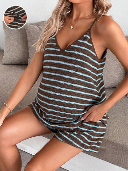 Maternity Striped V-Neck Camisole and Shorts Set Navy Blue Summer Maternity Romper Outfit for Beach and Vacation