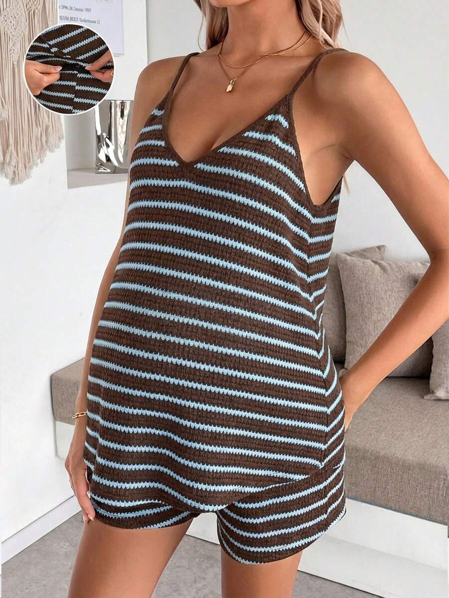 Maternity Striped V-Neck Camisole and Shorts Set Navy Blue Summer Maternity Romper Outfit for Beach and Vacation