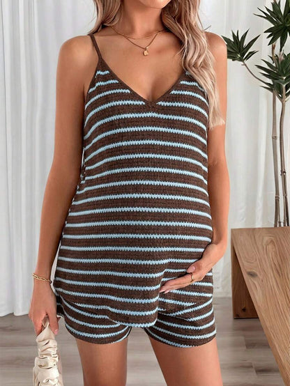 Maternity Striped V-Neck Camisole and Shorts Set Navy Blue Summer Maternity Romper Outfit for Beach and Vacation