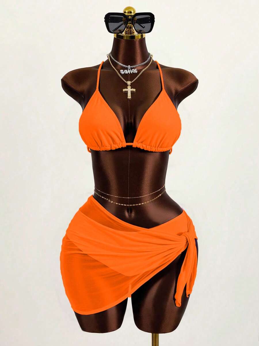 Women's 3-Piece Solid Halter Bikini Set - Knot Detail, Skirt Cover-Up, Triangle Cup, Red