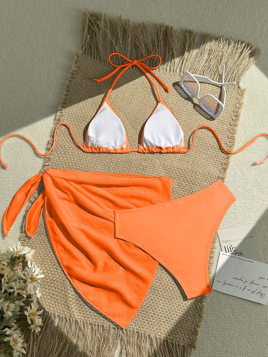 Women's 3-Piece Solid Halter Bikini Set - Knot Detail, Skirt Cover-Up, Triangle Cup, Red
