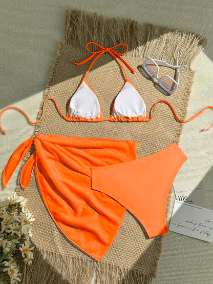 Women's 3-Piece Solid Halter Bikini Set - Knot Detail, Skirt Cover-Up, Triangle Cup, Red