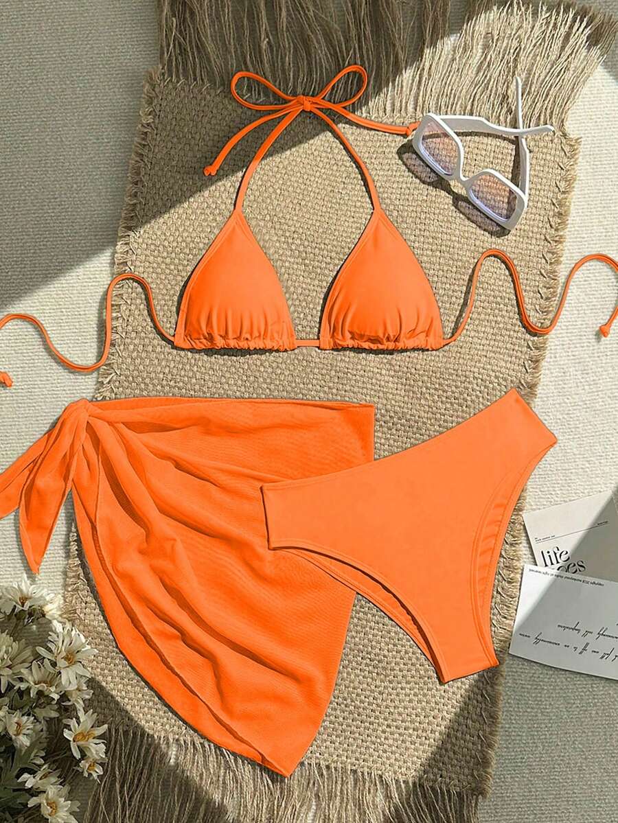 Women's 3-Piece Solid Halter Bikini Set - Knot Detail, Skirt Cover-Up, Triangle Cup, Red