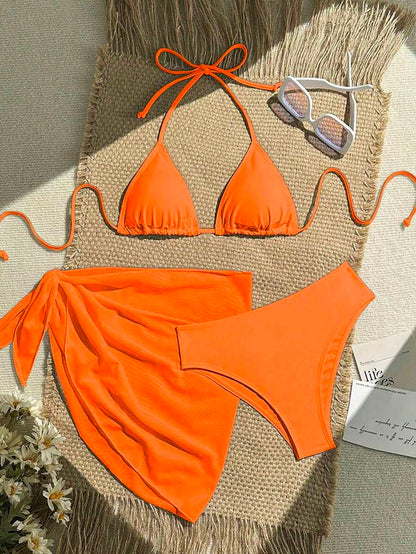 Women's 3-Piece Solid Halter Bikini Set - Knot Detail, Skirt Cover-Up, Triangle Cup, Red