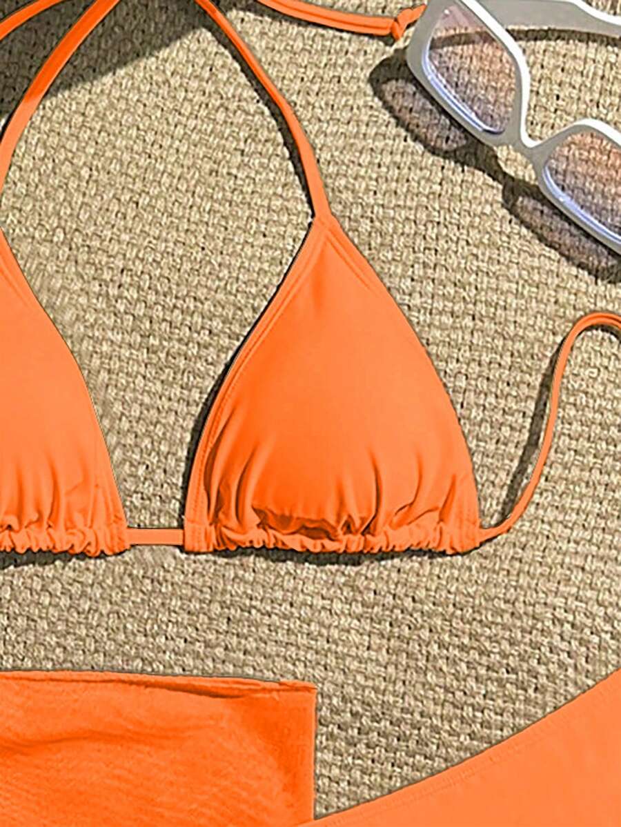 Women's 3-Piece Solid Halter Bikini Set - Knot Detail, Skirt Cover-Up, Triangle Cup, Red