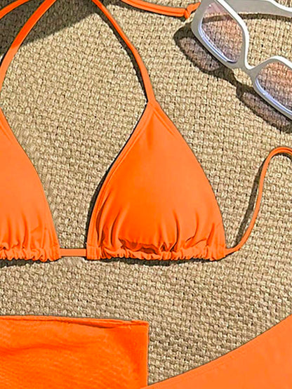 Women's 3-Piece Solid Halter Bikini Set - Knot Detail, Skirt Cover-Up, Triangle Cup, Red