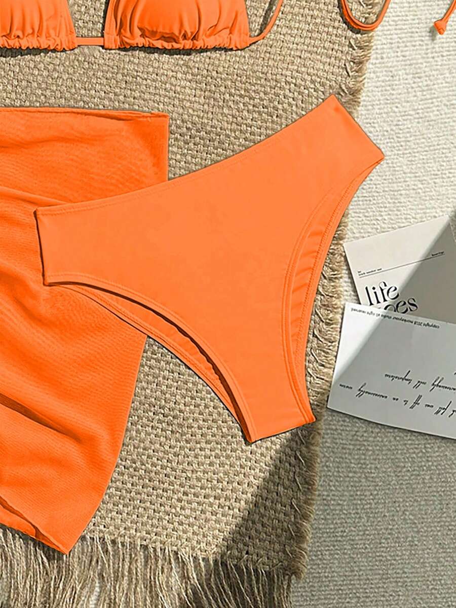 Women's 3-Piece Solid Halter Bikini Set - Knot Detail, Skirt Cover-Up, Triangle Cup, Red