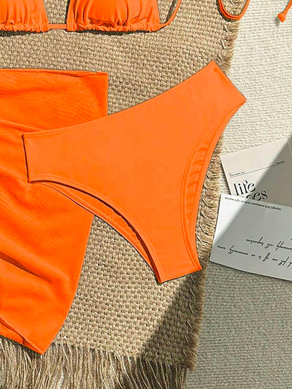 Women's 3-Piece Solid Halter Bikini Set - Knot Detail, Skirt Cover-Up, Triangle Cup, Red