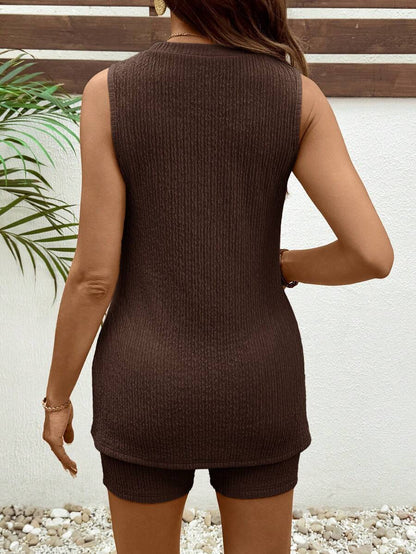 Yellow Textured Maternity Camisole and Biker Shorts Set - Ribbed Summer Vacation 2-Piece Lounge Set with Adjustable Waist