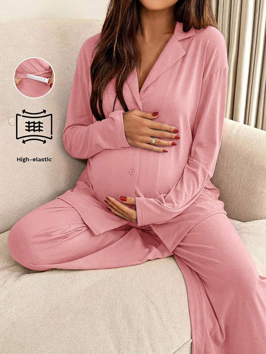 Khaki 2 Piece Maternity Loungewear Set - V-Neck Button Front Long Sleeve Top and Pants - Casual Loose Fit Maternity Sleepwear Suit