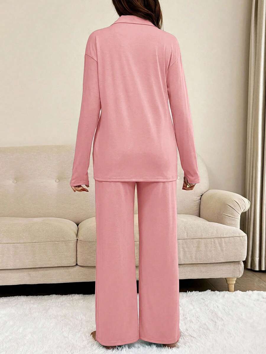 Khaki 2 Piece Maternity Loungewear Set - V-Neck Button Front Long Sleeve Top and Pants - Casual Loose Fit Maternity Sleepwear Suit