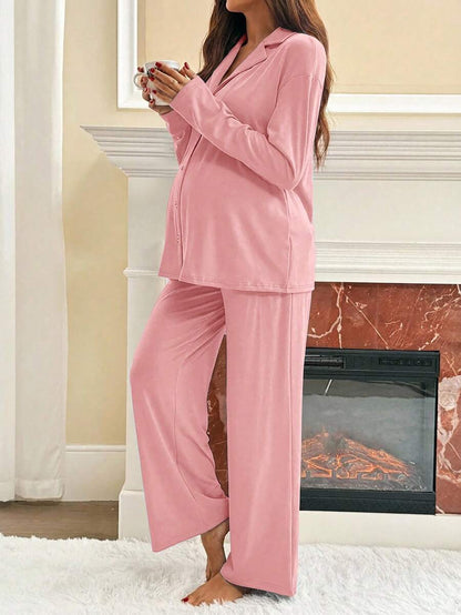Khaki 2 Piece Maternity Loungewear Set - V-Neck Button Front Long Sleeve Top and Pants - Casual Loose Fit Maternity Sleepwear Suit