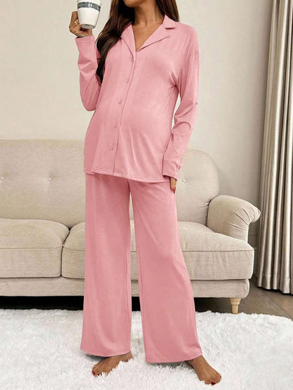 Green Maternity 2-Piece Lounge Set - V-Neck Long Sleeve Top and Pants Pajama Set - Soft Casual Maternity Sleepwear for Spring and Fall