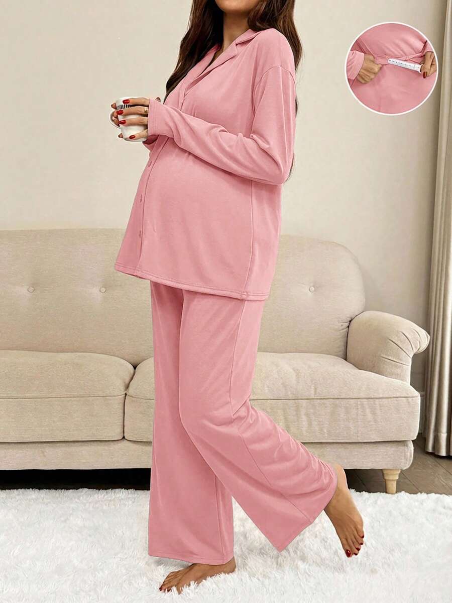 Khaki 2 Piece Maternity Loungewear Set - V-Neck Button Front Long Sleeve Top and Pants - Casual Loose Fit Maternity Sleepwear Suit