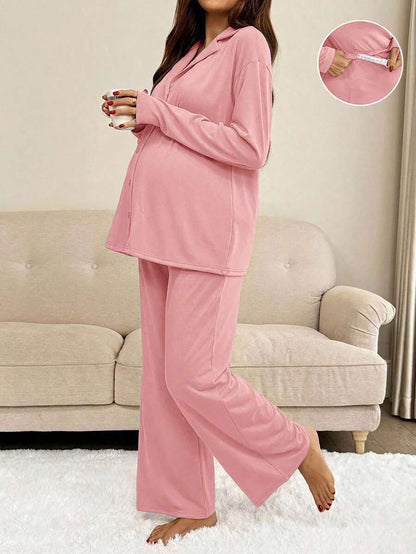 Green Maternity 2-Piece Lounge Set - V-Neck Long Sleeve Top and Pants Pajama Set - Soft Casual Maternity Sleepwear for Spring and Fall