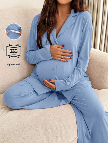 Green Maternity 2-Piece Lounge Set - V-Neck Long Sleeve Top and Pants Pajama Set - Soft Casual Maternity Sleepwear for Spring and Fall