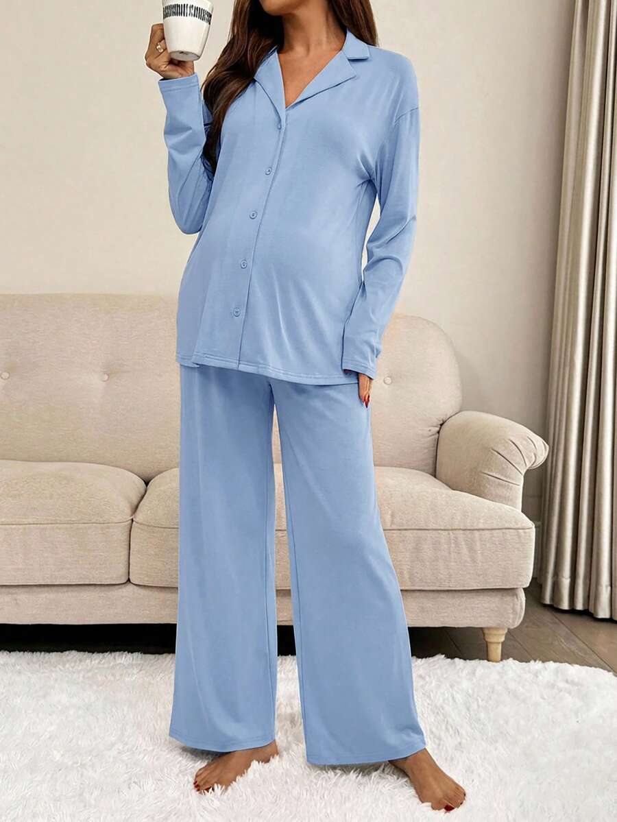 Green Maternity 2-Piece Lounge Set - V-Neck Long Sleeve Top and Pants Pajama Set - Soft Casual Maternity Sleepwear for Spring and Fall
