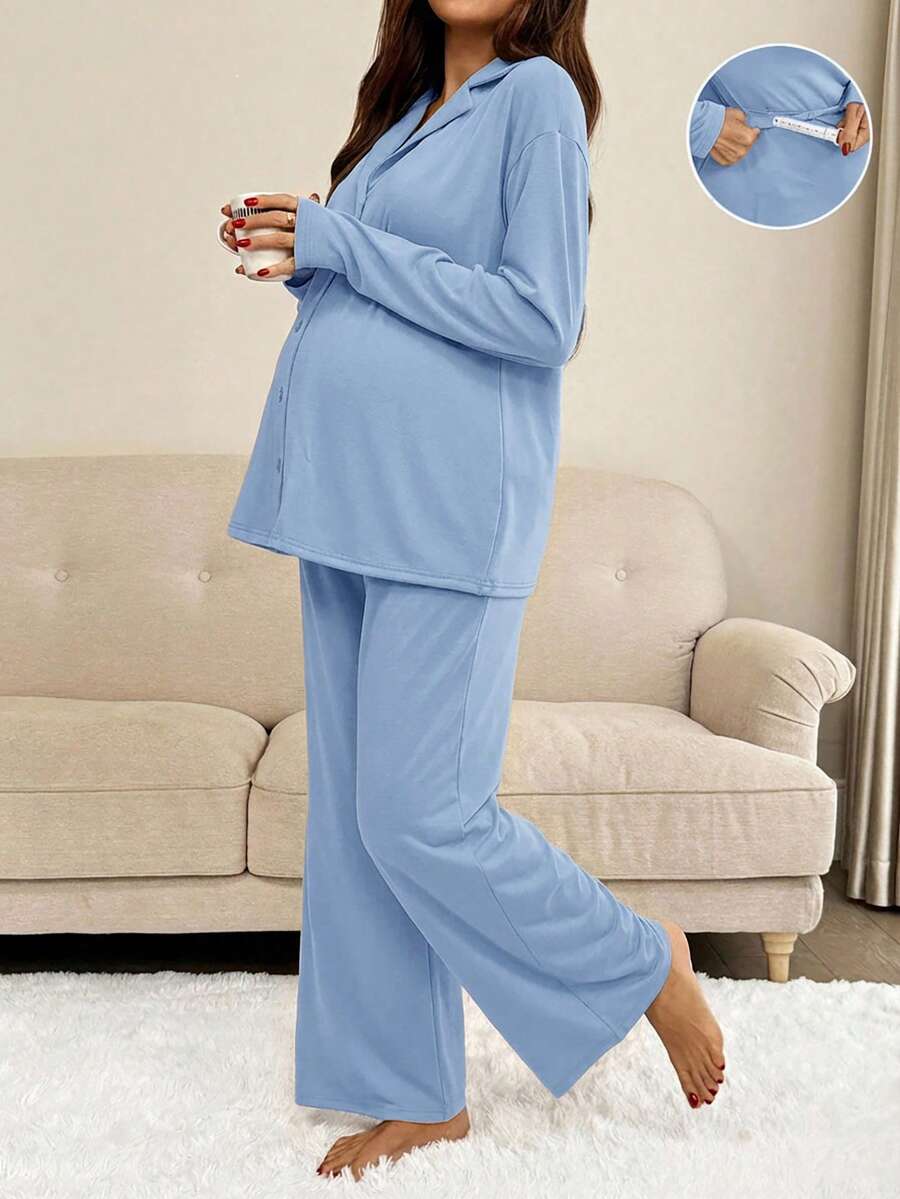 Green Maternity 2-Piece Lounge Set - V-Neck Long Sleeve Top and Pants Pajama Set - Soft Casual Maternity Sleepwear for Spring and Fall