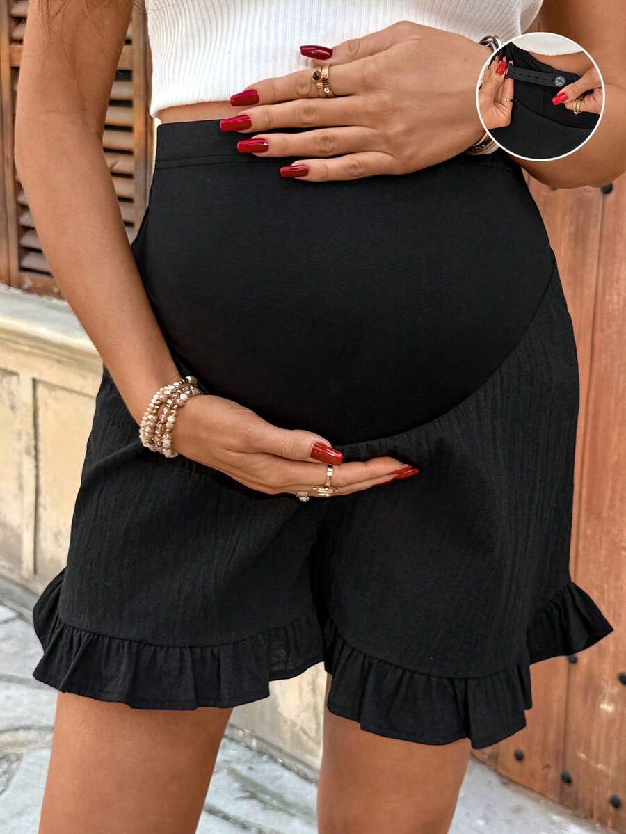 Maternity High Waist Textured Shorts - Patchwork Ruffle Hem Summer Wear