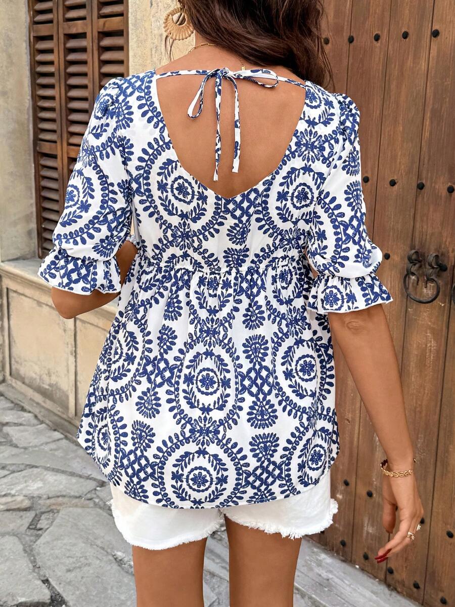 White Square Neck Maternity Peplum Top - Solid Color Half Petal Sleeve Blouse - Casual Flared Hem Longline Shirt for Beach and Daily Wear