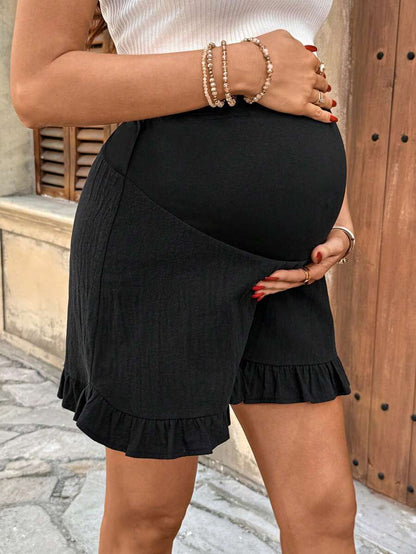 Maternity High Waist Textured Shorts - Patchwork Ruffle Hem Summer Wear
