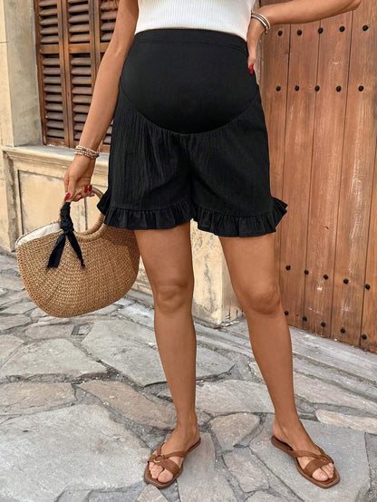 Maternity High Waist Textured Shorts - Patchwork Ruffle Hem Summer Wear