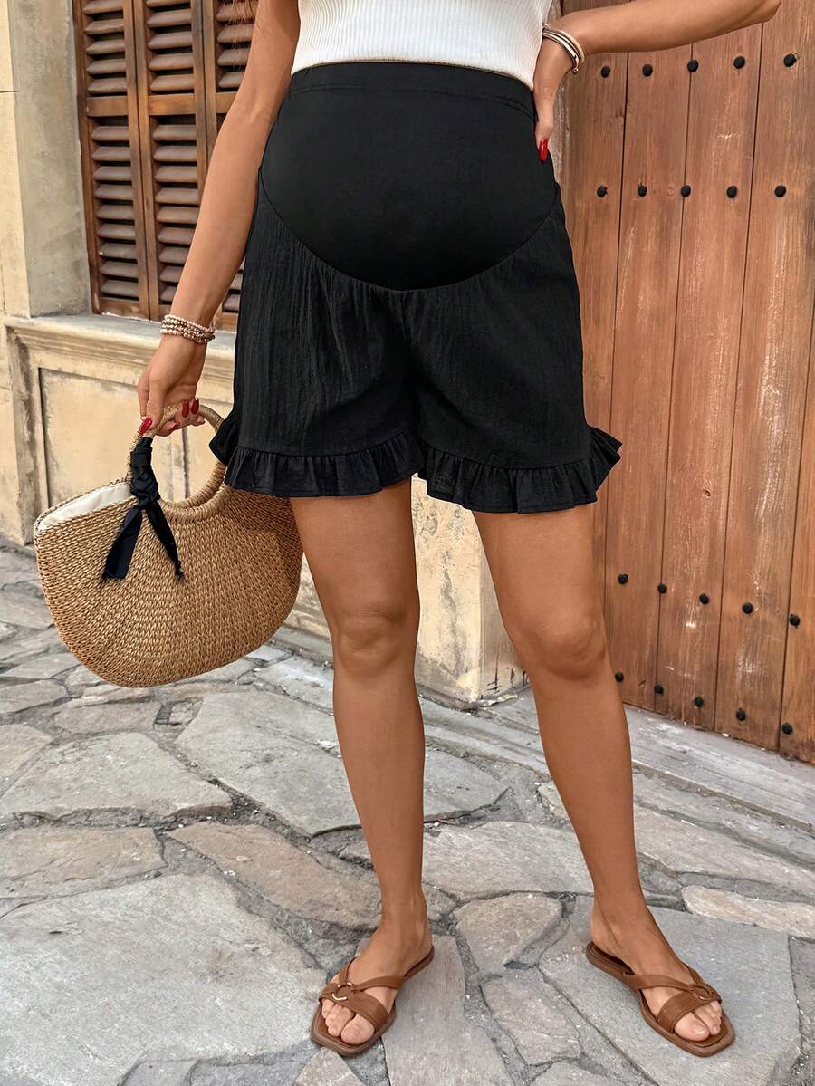 Maternity Black Ruffle Hem Casual Shorts with Adjustable Elastic Waist, 100% Cotton Loose Fit Pregnancy Beach Shorts for Summer