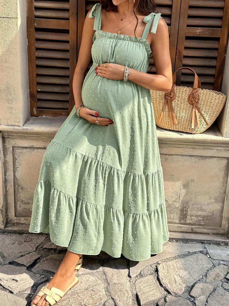 Pregnant Women's Jacquard Pleated Knotted Shoulder Casual Party Outing Camisole Dress