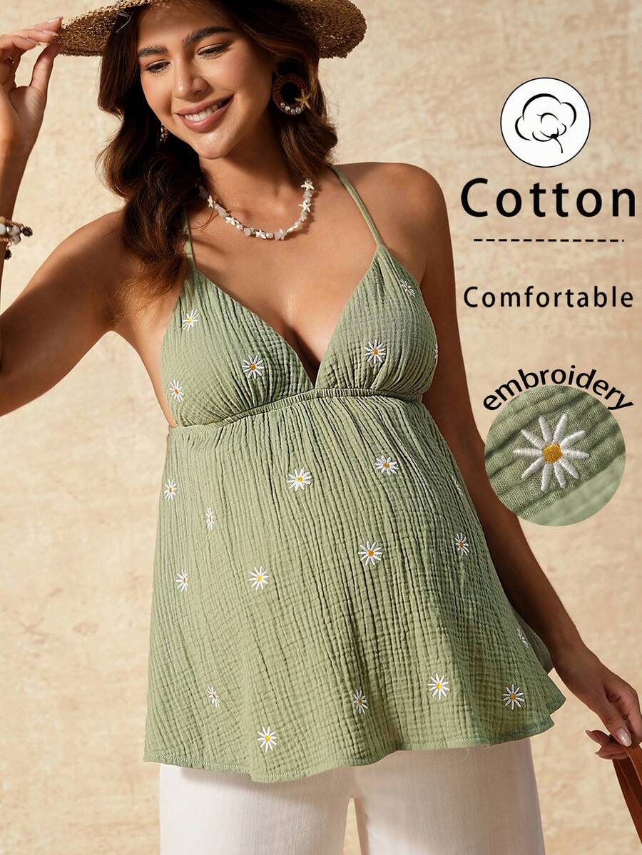 Apricot Boho Maternity Cami - Textured Floral Embroidery Spaghetti Strap Vacation Top with Backless Detail