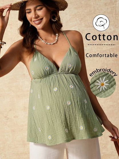 Apricot Boho Maternity Cami - Textured Floral Embroidery Spaghetti Strap Vacation Top with Backless Detail