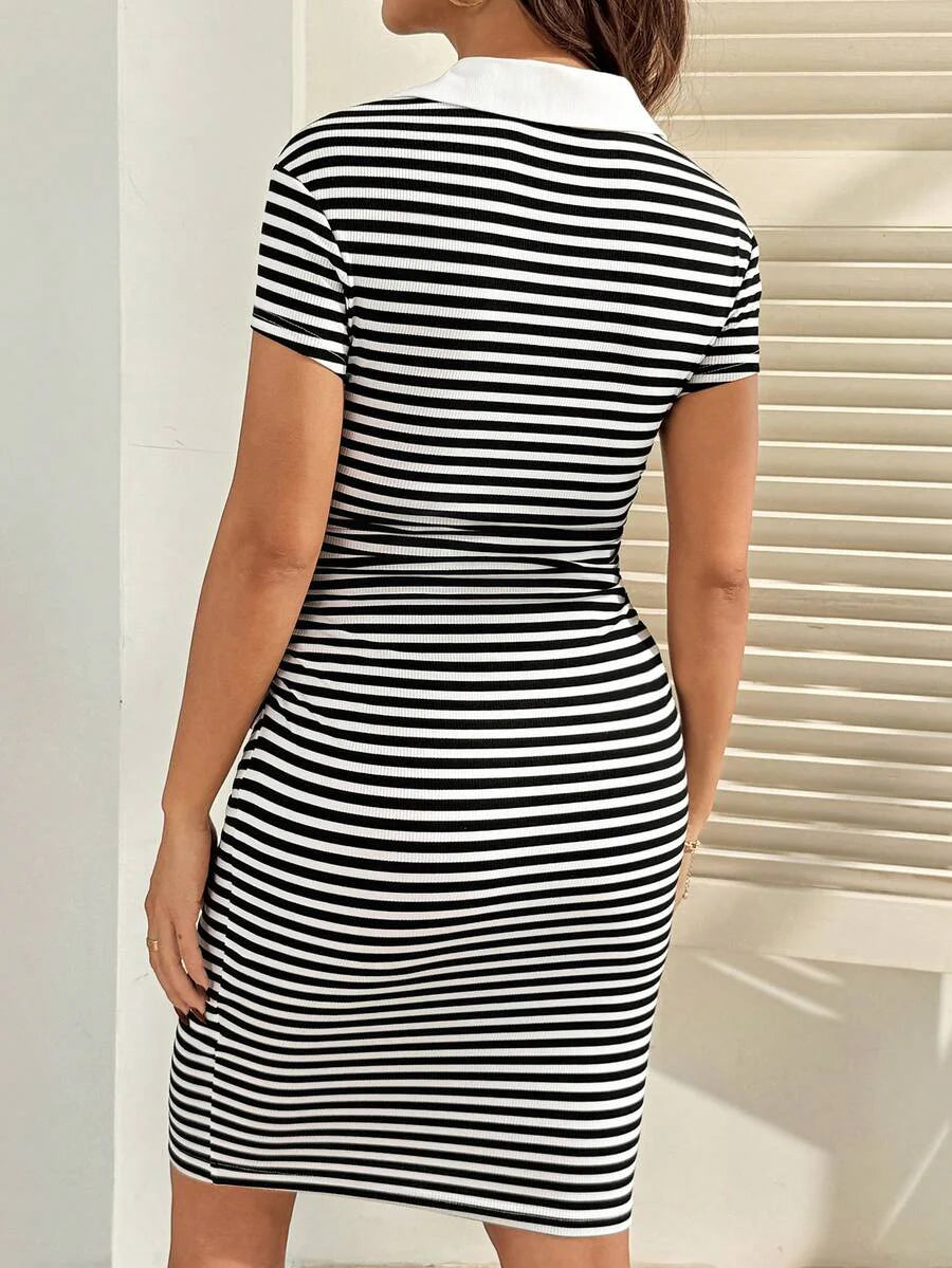 Maternity Striped Knight Embroidery Lapel Cap Sleeve Fitted Bodycon Casual Short Dress