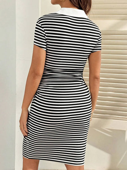 Maternity Striped Knight Embroidery Lapel Cap Sleeve Fitted Bodycon Casual Short Dress