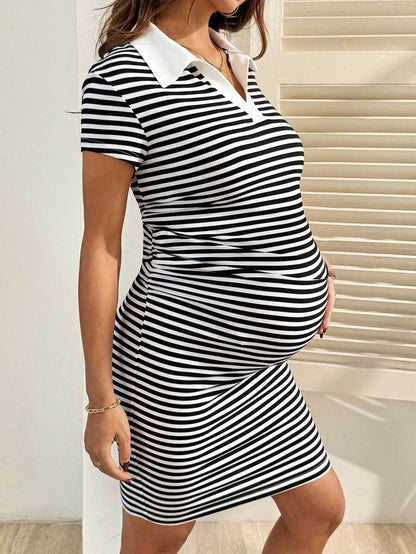 Maternity Striped Knight Embroidery Lapel Cap Sleeve Fitted Bodycon Casual Short Dress