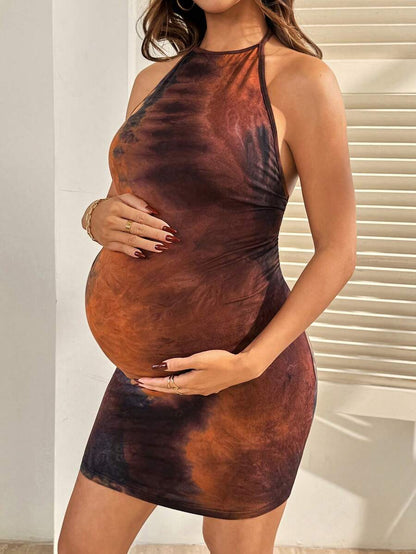 Brown Halter Tie Ruched Maternity Mini Dress - Sexy Slim Fit Knit Summer Beach Outfit and Elegant Party Maternity Wear