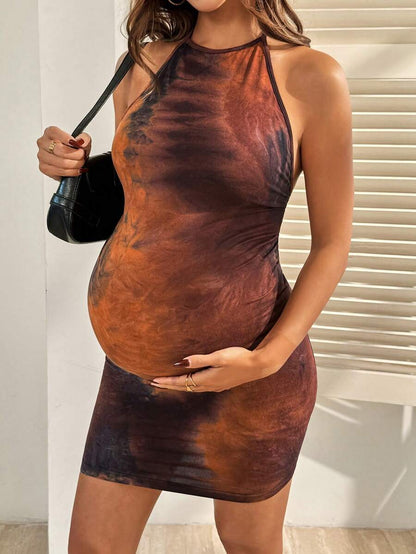 Brown Halter Tie Ruched Maternity Mini Dress - Sexy Slim Fit Knit Summer Beach Outfit and Elegant Party Maternity Wear