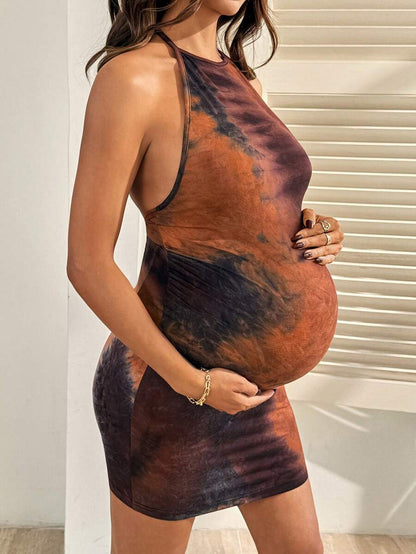 Brown Halter Tie Ruched Maternity Mini Dress - Sexy Slim Fit Knit Summer Beach Outfit and Elegant Party Maternity Wear