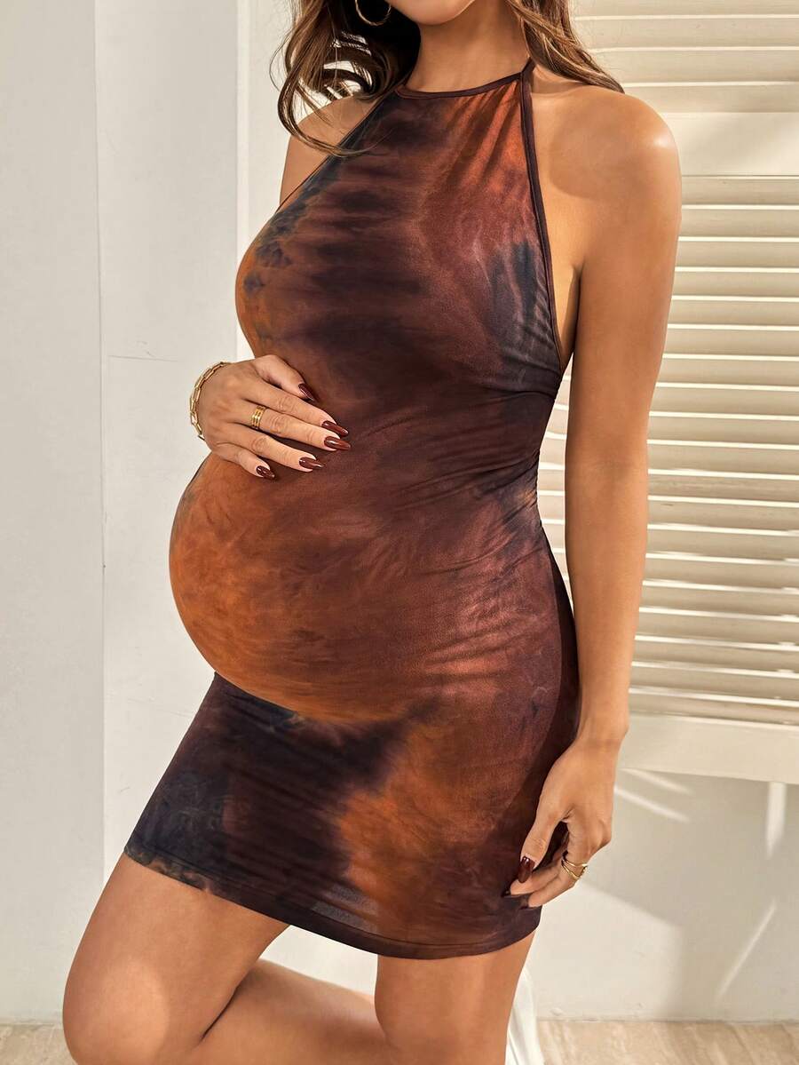 Brown Halter Tie Ruched Maternity Mini Dress - Sexy Slim Fit Knit Summer Beach Outfit and Elegant Party Maternity Wear