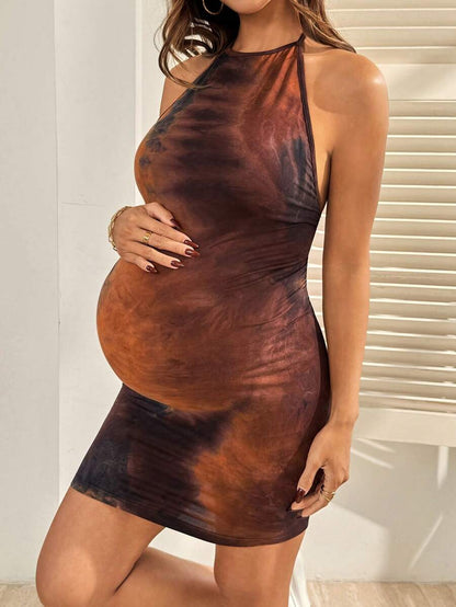 Brown Halter Tie Ruched Maternity Mini Dress - Sexy Slim Fit Knit Summer Beach Outfit and Elegant Party Maternity Wear
