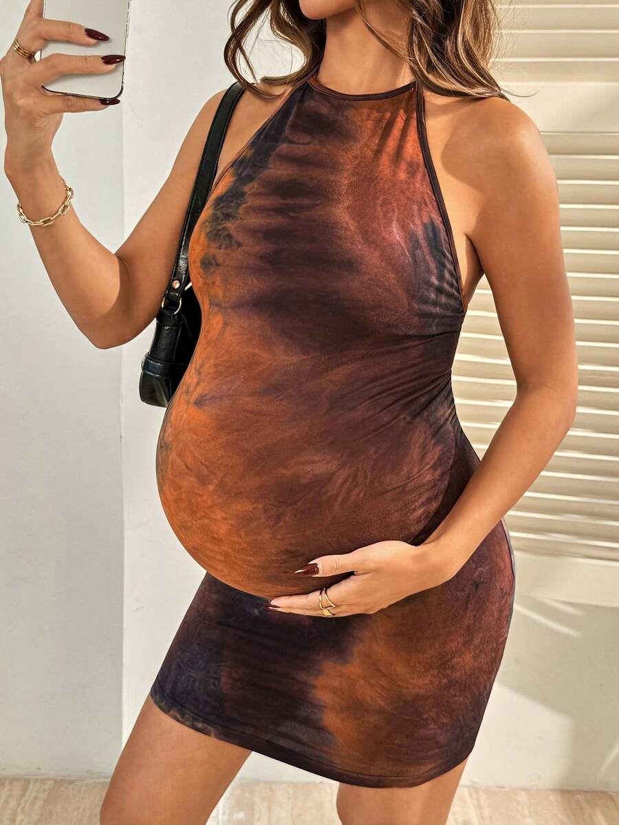 Brown Halter Tie Ruched Maternity Mini Dress - Sexy Slim Fit Knit Summer Beach Outfit and Elegant Party Maternity Wear