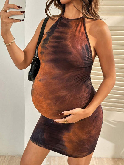 Brown Halter Tie Ruched Maternity Mini Dress - Sexy Slim Fit Knit Summer Beach Outfit and Elegant Party Maternity Wear