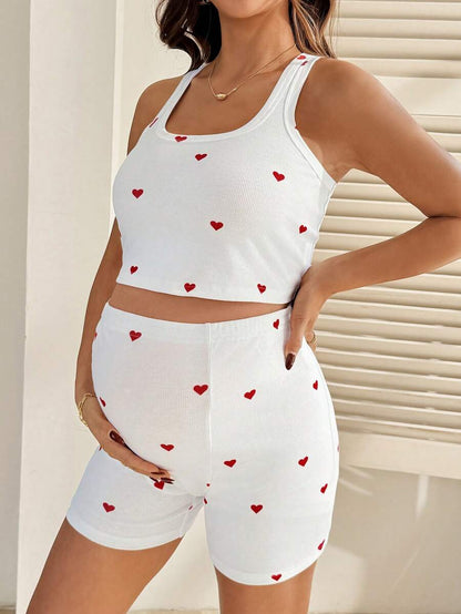 2 Piece Maternity Heart Print Cropped Tank Top and Shorts Set Casual White Slim Fit Summer Workout and Beach Outfit