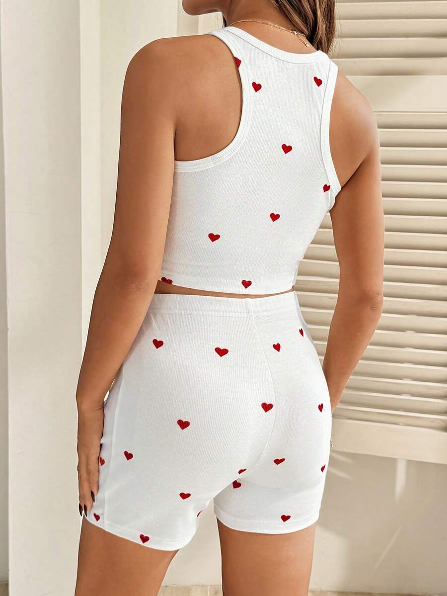 2 Piece Maternity Heart Print Cropped Tank Top and Shorts Set Casual White Slim Fit Summer Workout and Beach Outfit